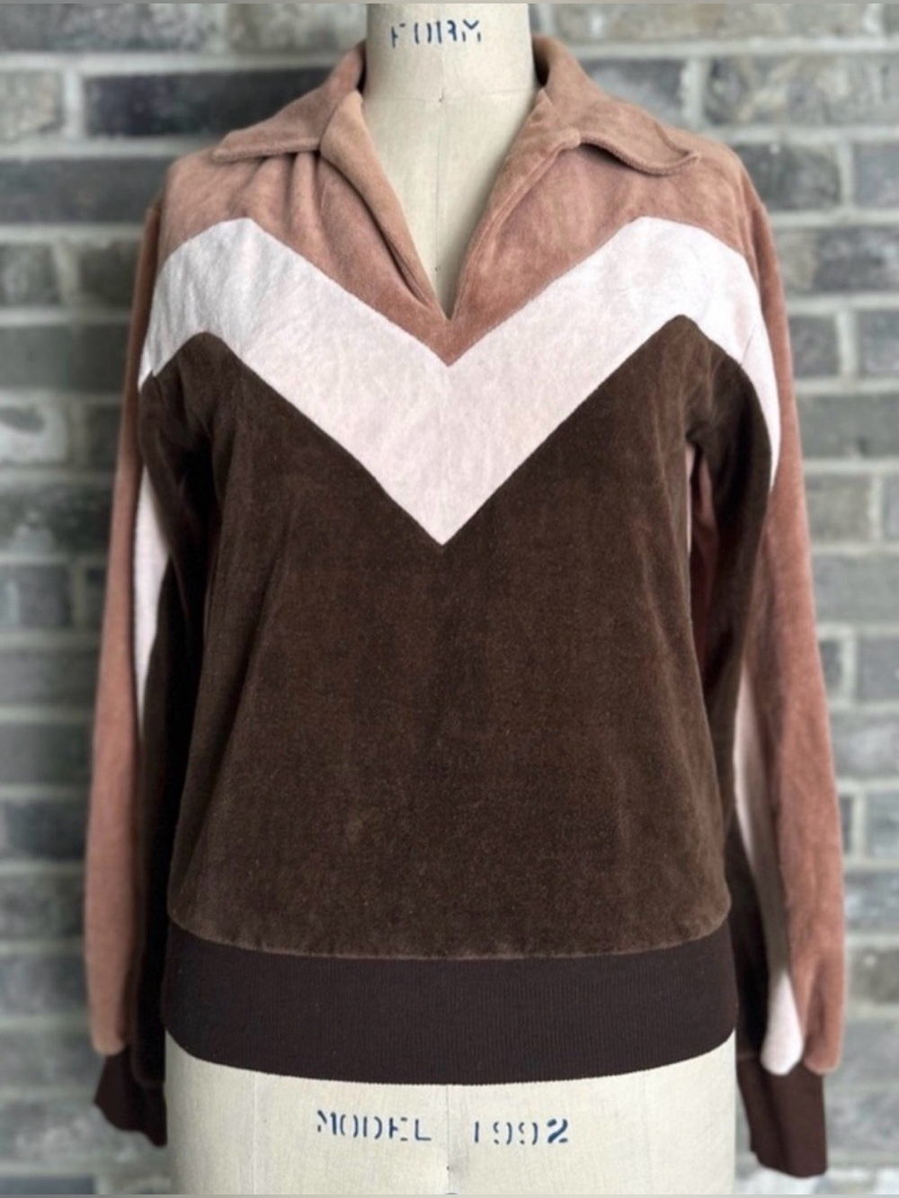 Vintage 70s Sears Style Works Velour Chevron Collared Sweater Small